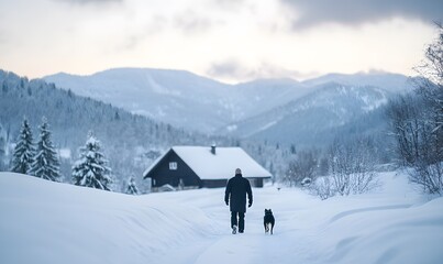 snowy mountains, an old man with a dog beside him, Generative AI