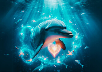 art of dolphins swimming in the sea