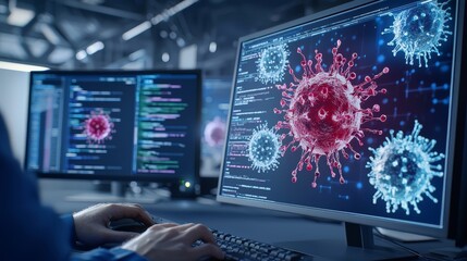The image depicts a close-up of a computer monitor displaying code with visual representation of viruses, symbolizing malicious software or malware.