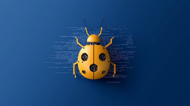 A visual representation of a digital bug symbolizing a cybersecurity threat, surrounded by code on a blue background.