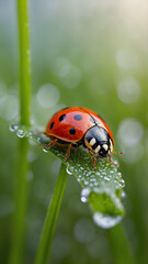 Fototapeta premium Ladybug on wet green leaf 