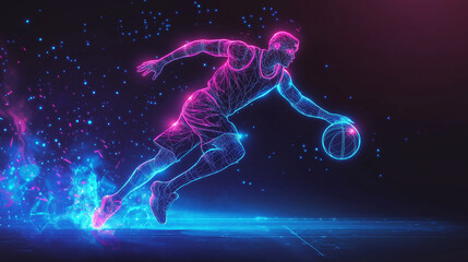 Abstract silhouette of basketball player man moving neon color, Isolated black background
