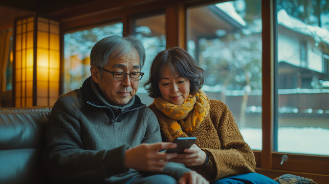 Couple of adults sitting on the sofa in the living room talking to their grandchildren through a smartphone application, family ties and concept for international day of older people