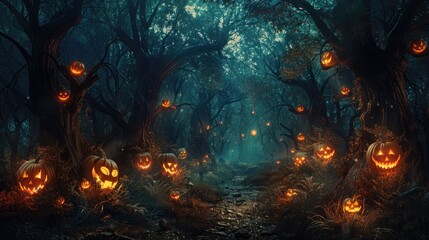 Fototapeta premium A spooky, misty forest path lined with glowing jack-o'-lanterns.