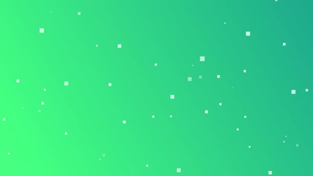 Green gradient background with small white squares scattered randomly, seamless looping animation, perfect for minimalist designs.
