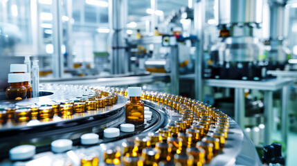 Obraz premium Pharmaceutical Plant With Machines Filling Bottles of Medication