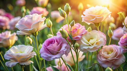 Obraz premium Delicate, pastel-hued lisianthus flowers bloom in a lush garden, their ruffled petals and slender stems swaying gently in the soft, warm sunlight.