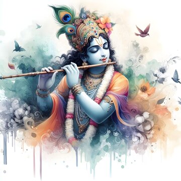 Lord Shri Krishna Watercolor Painting for Janmashtami Greeting