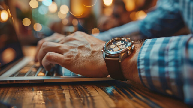 Businessman Checking Time on Smartwatch While Working on Laptop at Cafe in the Evening, Concept of Time Management, Productivity, Remote Work Lifestyle, and Technology Integration - Powered by Adobe