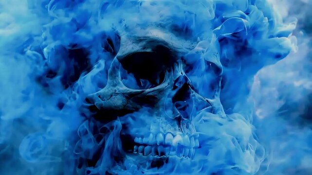 A human skull partially obscured by swirling blue smoke.