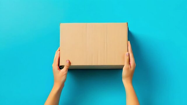 A pair of hands holding a plain brown cardboard box against a turquoise background.