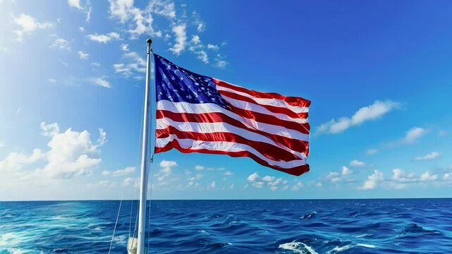 American flag waving in the wind against a blue sky and ocean.