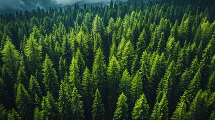 Lush green coniferous forest covering a mountainous area under a cloudy sky in early morning light