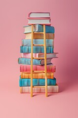 Colorful stack of various books on a pink background with a yellow ladder on top, representing education and knowledge.