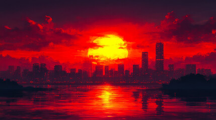 Anime Sunset Over Cityscape with Tower and Reflective Water, Vibrant Stylized Evening Scene, Dramatic Sky with Red and Orange Hues, Perfect for Themes of Tranquility, Urban Beauty, and Contemplation