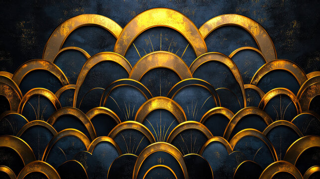 Elegant Art Deco Pattern with Golden Geometric Shapes and Swirls on Dark Background, Vintage Luxury Design, Gatsby Inspired Retro Ornaments, Perfect for Invitations and Social Media Graphics