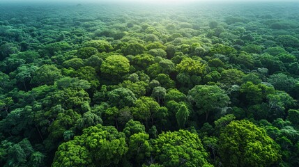 Lush green forest canopy at dawn with sun filtering through trees