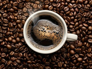 Fototapeta premium A top-down view of a steaming cup of freshly brewed Espresso or Americano on a bed of roasted beans, offering a taste of morning energy and aromatic satisfaction