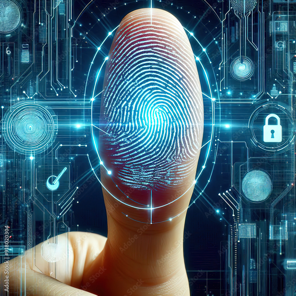 Poster man using thumb to scan finger print or for digital processing bio-metric identification to access s