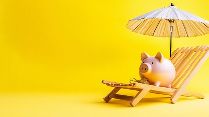 A piggy bank, deck chair, and parasol against a yellow background with space for text. Represents the concept of saving money for a vacation.