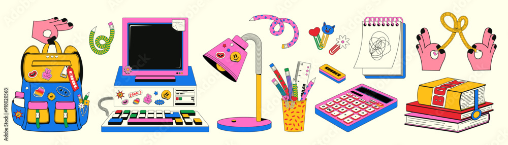 Fototapete trendy, bright set of back to school themed elements in a retro linear style with y2k aesthetics. ve