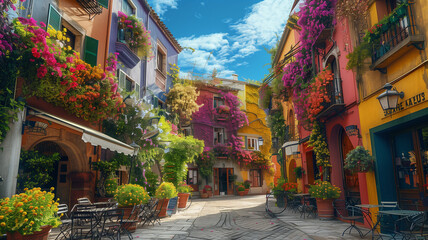 Fototapeta premium A public plaza surrounded by buildings with facades entirely covered in colorful flowering plants