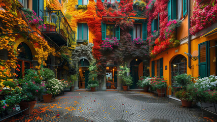 Fototapeta premium A public plaza surrounded by buildings with facades entirely covered in colorful flowering plants
