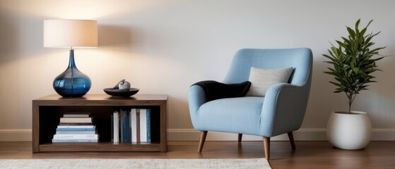 Fototapeta premium A cozy minimalist living room featuring modern furniture, a comfortable armchair, wooden tables, and elegant decor elements. A perfect blend of style and functionality.