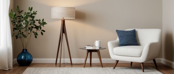 A cozy minimalist living room featuring modern furniture, a comfortable armchair, wooden tables, and elegant decor elements. A perfect blend of style and functionality.