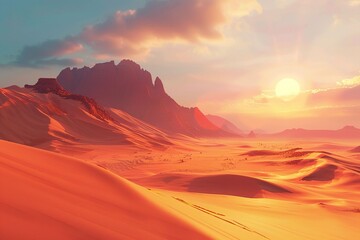 Naklejka premium Sunset Over Sand Dunes With Mountain Range In Background