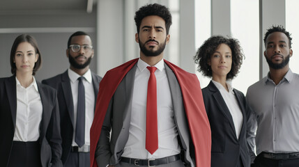 Five businesspeople posed as a united team, featuring a standout businessman in a striking red superhero cape costume. This scene symbolizes leadership, confidence, and the drive f