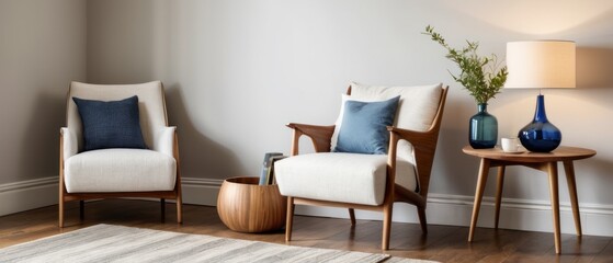 A cozy minimalist living room featuring modern furniture, a comfortable armchair, wooden tables, and elegant decor elements. A perfect blend of style and functionality.