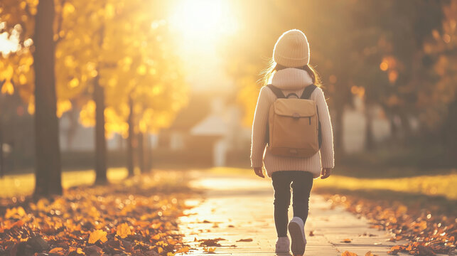 A young girl wearing a backpack, captured from behind, as she walks towards the school entrance in the golden light of a September morning. The photo symbolizes the start of a new