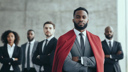 Five businesspeople posed as a united team, featuring a standout businessman in a striking red superhero cape costume. This scene symbolizes leadership, confidence, and the drive f