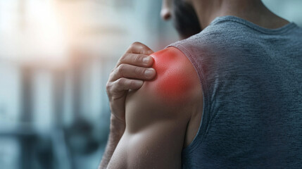 A man gripping his shoulder, highlighting a red area of pain from a muscular injury during gym training. The image emphasizes the impact of workout accidents and the need for joint
