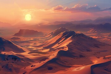 Fototapeta premium A Desert Landscape at Sunset, with Orange Sand Dunes and a Bright Sun