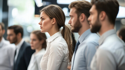 Fototapeta premium Corporate team of employees gathered around a display, reacting to bad news of a company bankruptcy. The office atmosphere is tense, reflecting the impact of a financial crisis and