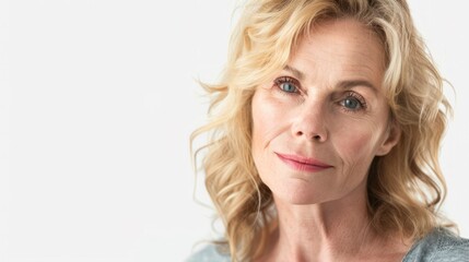 Fototapeta premium Beautiful gorgeous 50s mid aged mature woman looking at camera isolated on white. Mature old lady close up portrait. Healthy face skin care beauty, middle age skincare cosmetics, cosmetology concept 