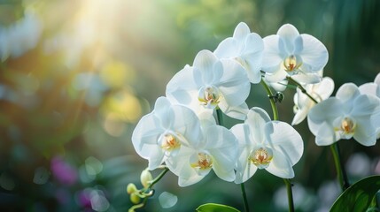 Fototapeta premium Close-up of stunning white Phalaenopsis orchids. Tropical Orchidaceae plant.
