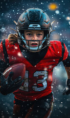 Young American football player playing football in a football stadium
