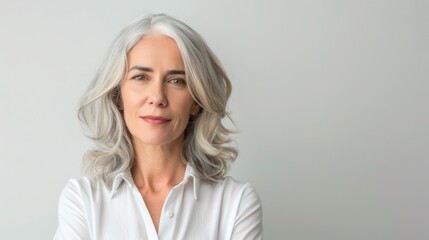Fototapeta premium Confident beautiful mature business woman standing isolated on white background. Older senior businesswoman, 25s grey haired lady professional looking at camera, close up face headshot portrait