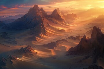 Naklejka premium Majestic Mountain Range at Sunset in a Desert Landscape