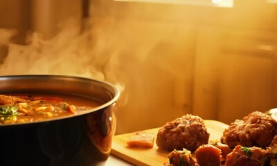 Cooking hearty and warming meals for cold winter nights, hyperrealistic . Video