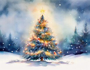 Fototapeta premium Winter Wonderland Outdoor Christmas Tree with Snow and Warm Glowing Lights Holiday Scene