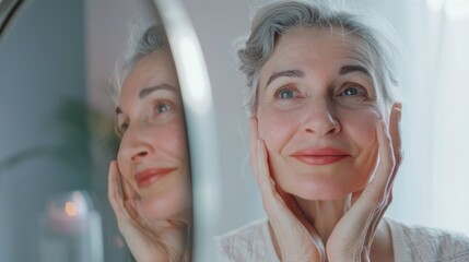 Happy 50s middle aged woman model touching face skin looking in mirror reflection. Smiling mature old lady pampering, healthy moisturized skin care, aging beauty.
