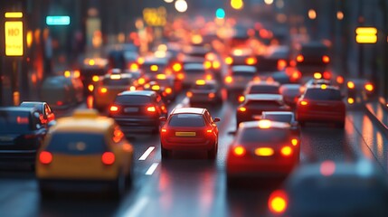 A detailed image of a traffic jam on a city road, with close-ups of vehicles bumper-to-bumper and the surrounding urban environment and road signs.