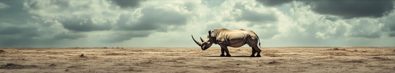 Obraz premium Endangered Rhinoceros Amidst the Climate Crisis and Habitat Destruction, An Urgent Call for Wildlife Conservation and Natural Habitat Preservation.