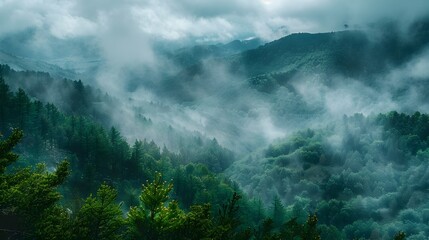 Fototapeta premium Dramatic Misty Mountain Landscape with Lush Forests and Rainy Scenery