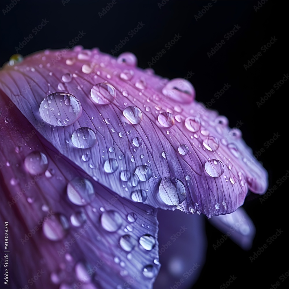 Poster Delicate Floral Raindrops   Vibrant Pink and Purple Flower Petals with Glistening Water Droplets