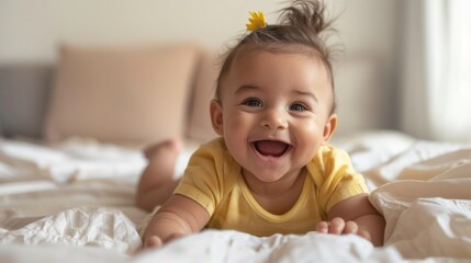 Fototapeta premium Happy healthy playful little cute adorable baby girl lying on comfortable bed or crib soft sheet. Smiling small sweet funny mixed race infant child laughing at home. Close up view 